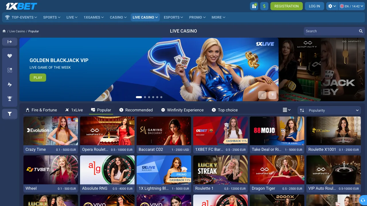 1xBet official casino website screenshot