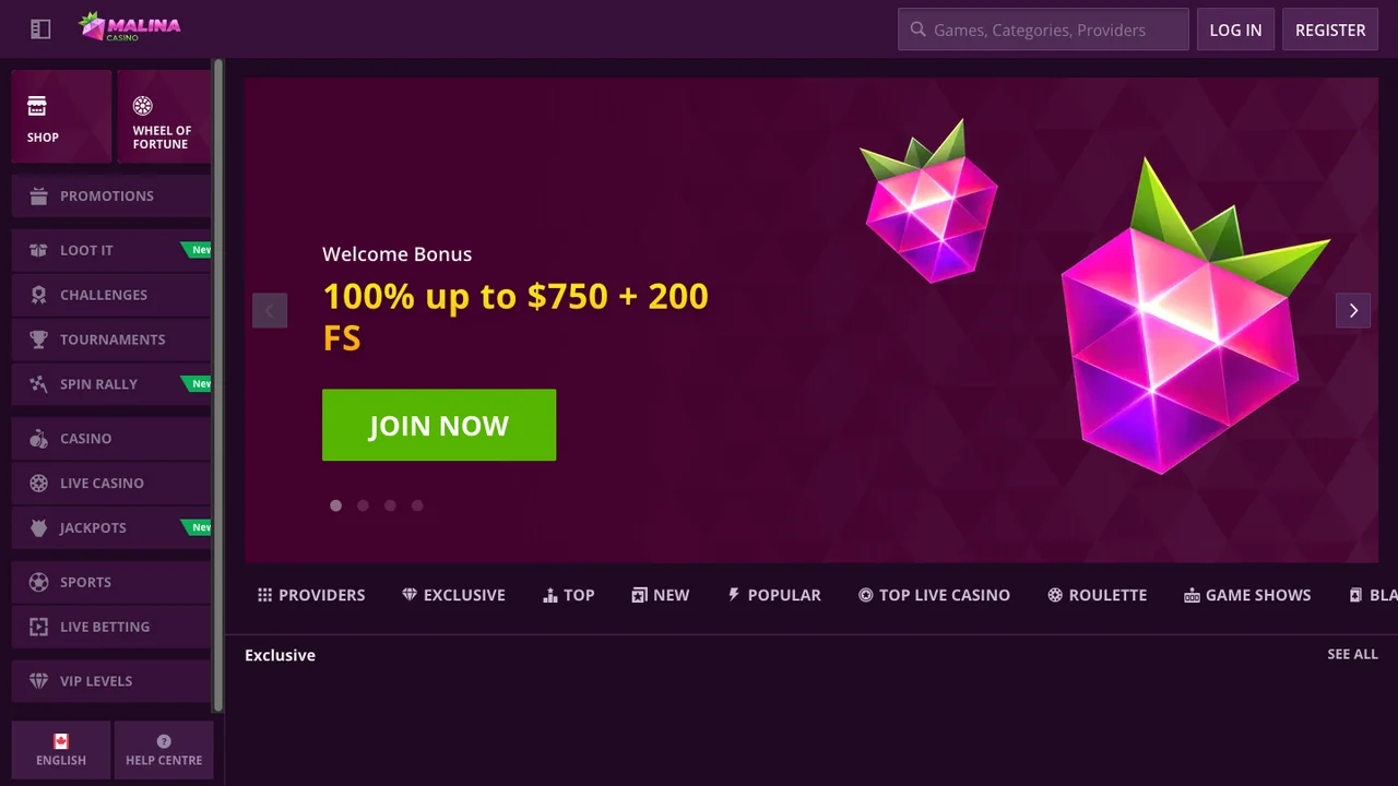 Malina official casino website screenshot