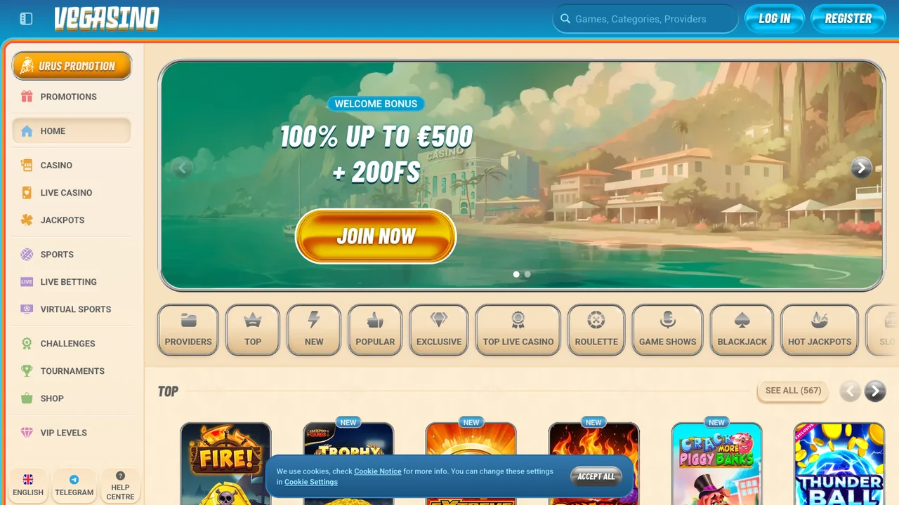 Vegasino official casino website screenshot