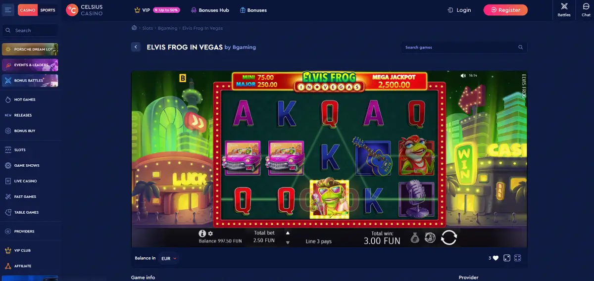 Elvis Frog at Celsius casino bonus round screenshot