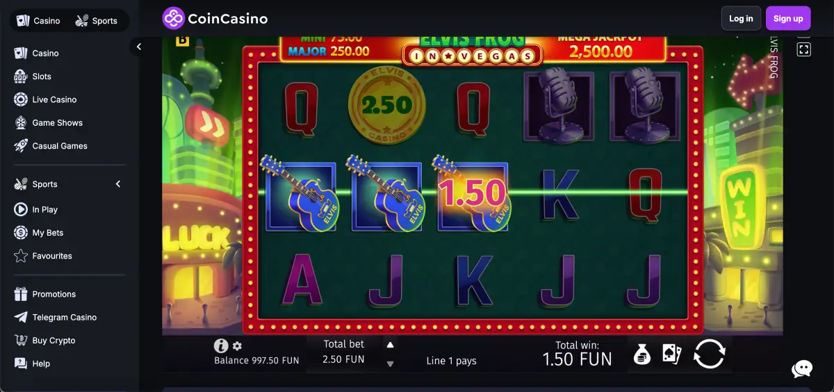 Elvis Frog in Vegas casino slot reels with Mega Jackpot symbol Elvis Frog in Vegas casino slot reels with Mega Jackpot symbol
