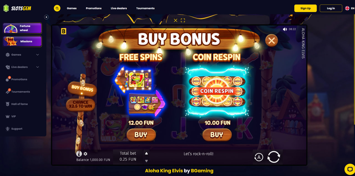 Bonus features in the Aloha King Elvis slot including free spins and respin