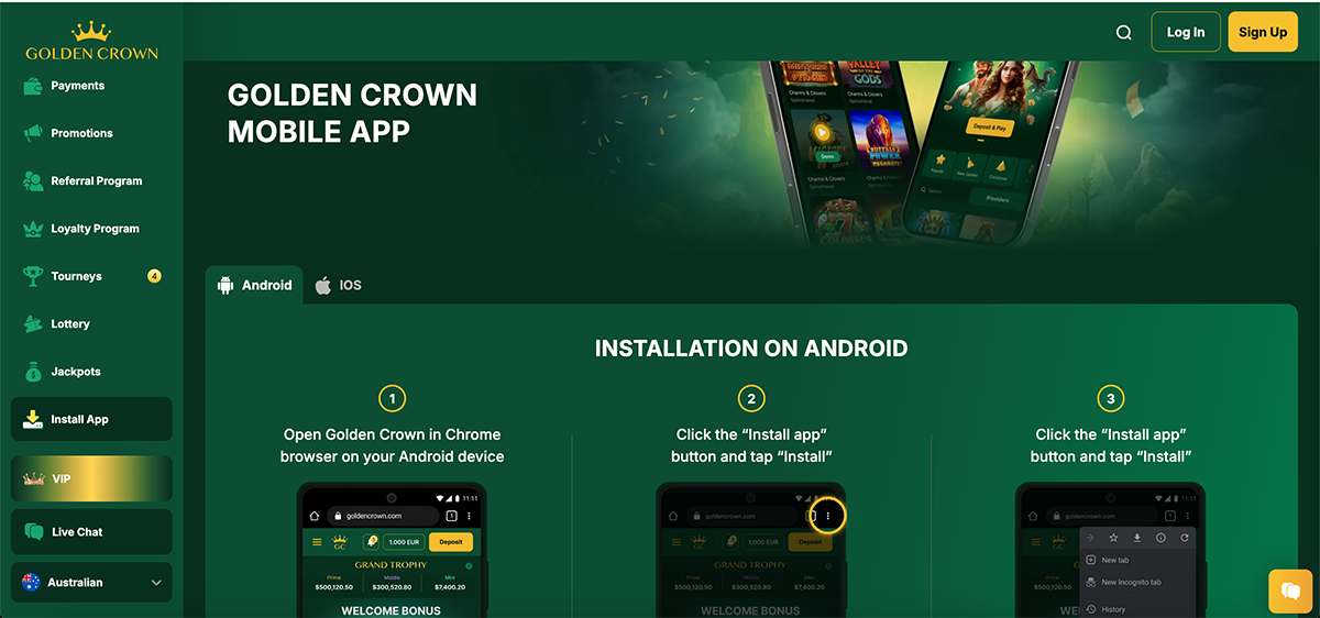 Golden Crown app experience on a mobile device