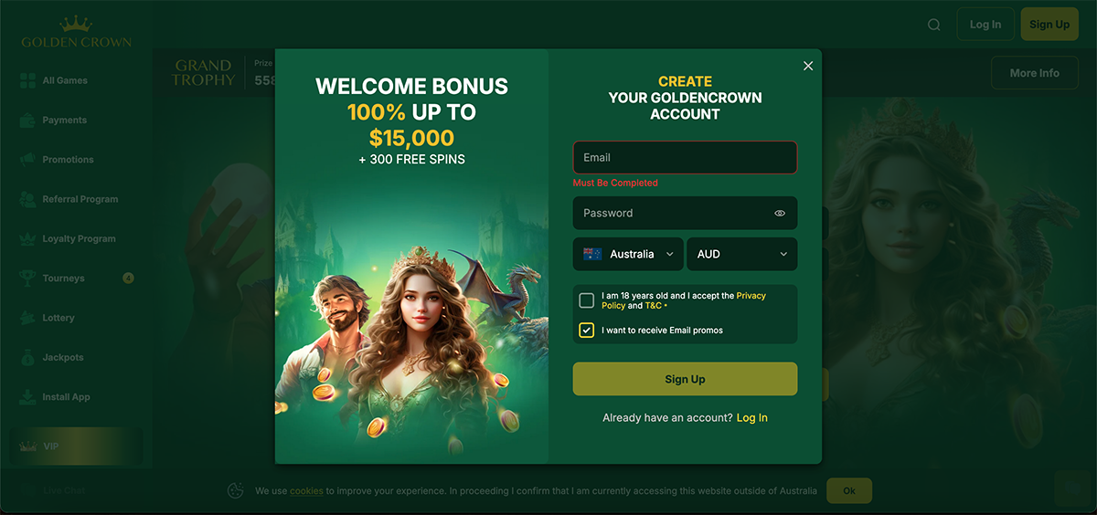 Golden Crown account registration form on the casino website
