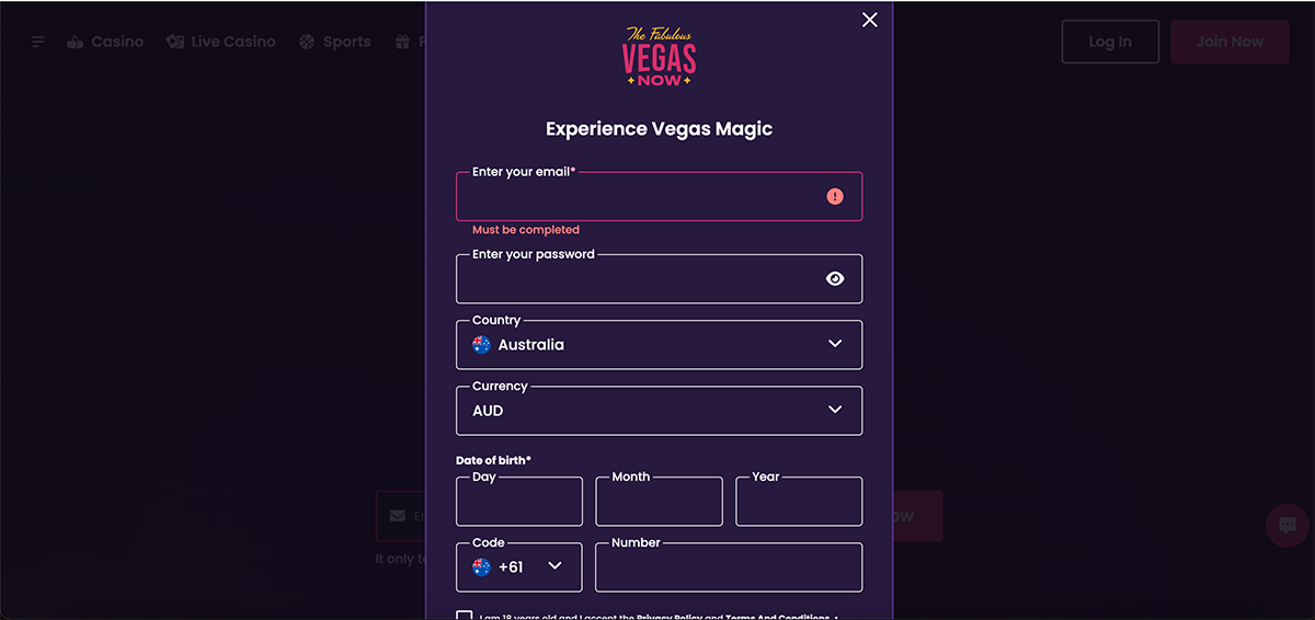 Vegas now registration process and account creation